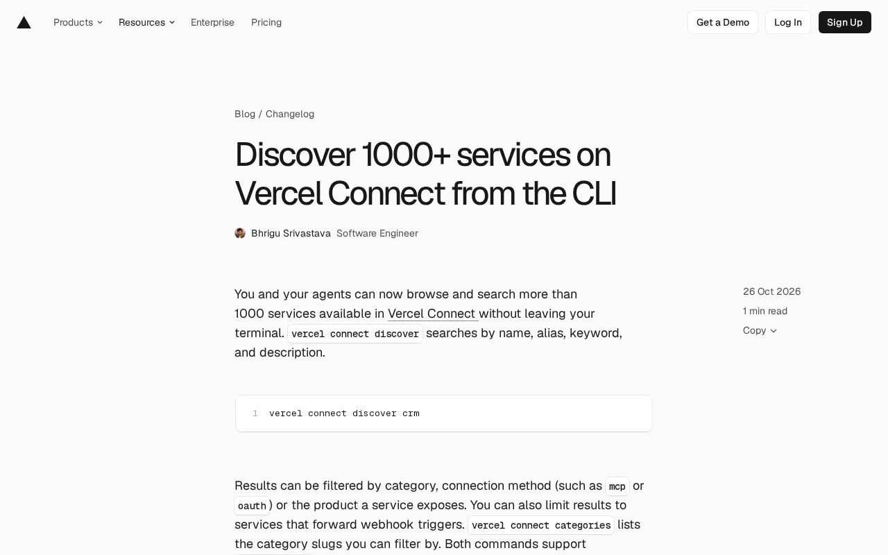 Vercel Connect CLI New Feature: Discover 1000+ Services in Your Terminal