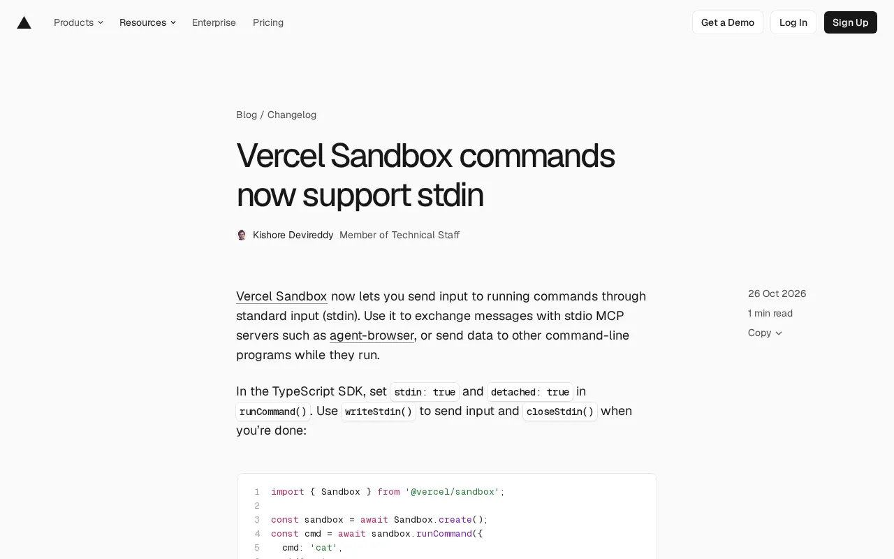Vercel Sandbox Adds stdin Support: Opening Interactive Command Channels for AI Agents