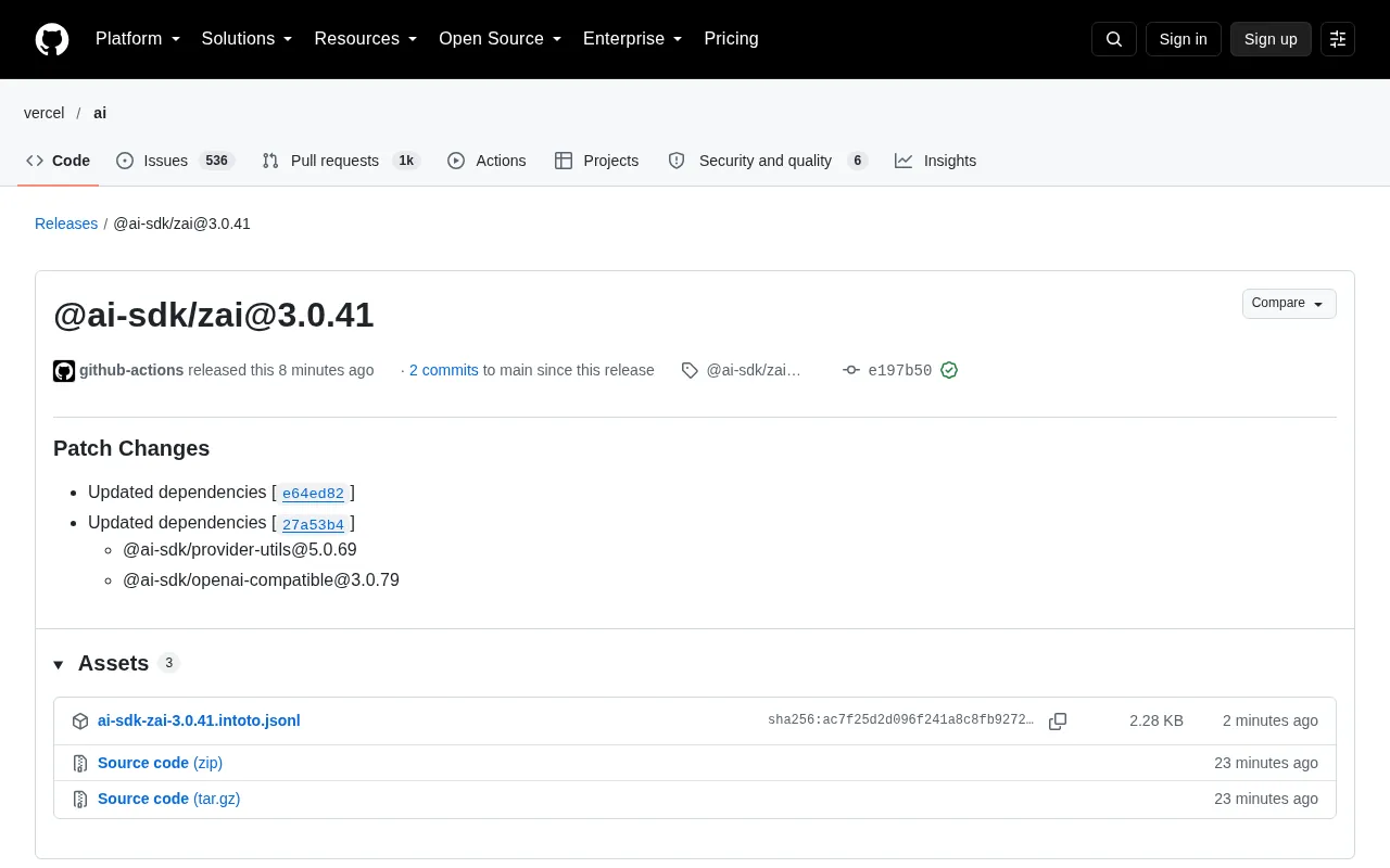 @ai-sdk/zai 3.0.41 Patch Release: Synchronized Dependency Upgrades