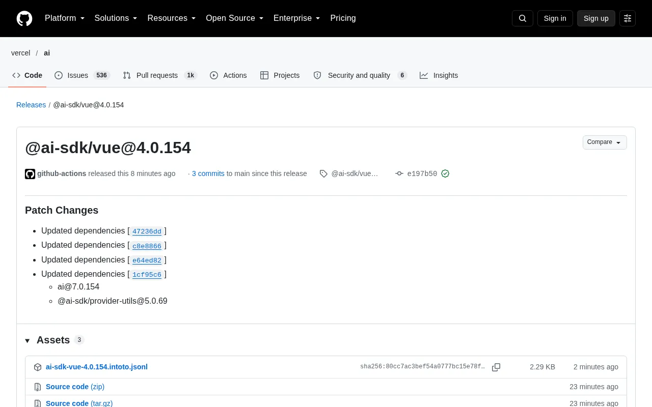 @ai-sdk/vue 4.0.154 Patch Released: Dependency Sync Upgrade