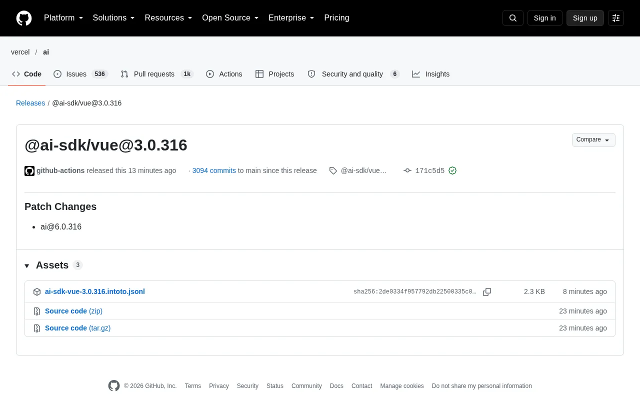 Vercel AI SDK Patch Update: Vue Bindings and Core Package Upgraded in Sync