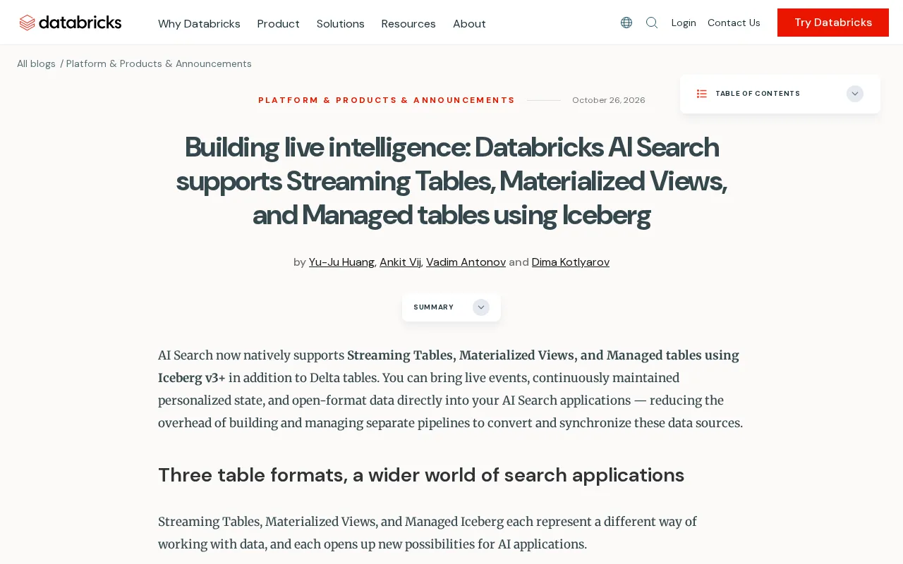 Databricks AI Search原生支持流式表与物化视图