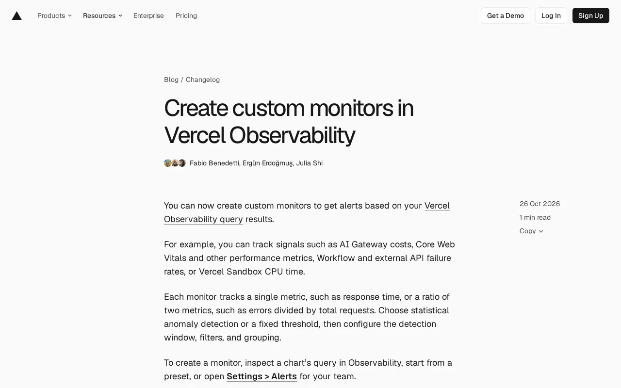 Vercel Observability Adds Custom Monitors with AI Cost Alerts