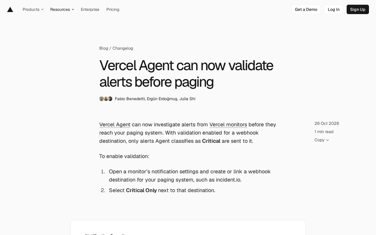 Vercel Agent升级:告警先经AI验证再触发呼叫