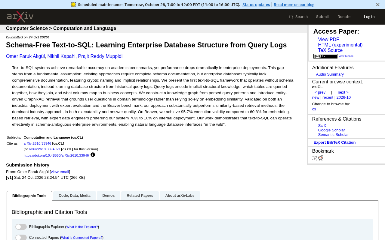 Schema-Free Text-to-SQL: Learning Enterprise Database Structure from Query Logs