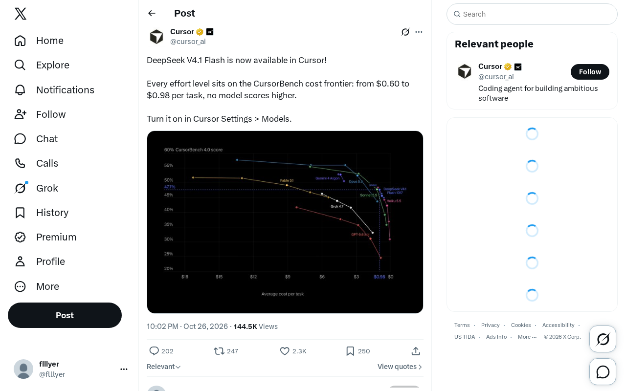 DeepSeek V4.1 Flash Lands on Cursor: Leading the Cost Frontier Across Every Tier