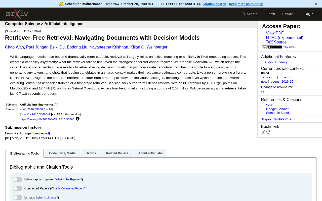 Retriever-Free Retrieval: DecisionRAG Navigates Documents with Decision Models