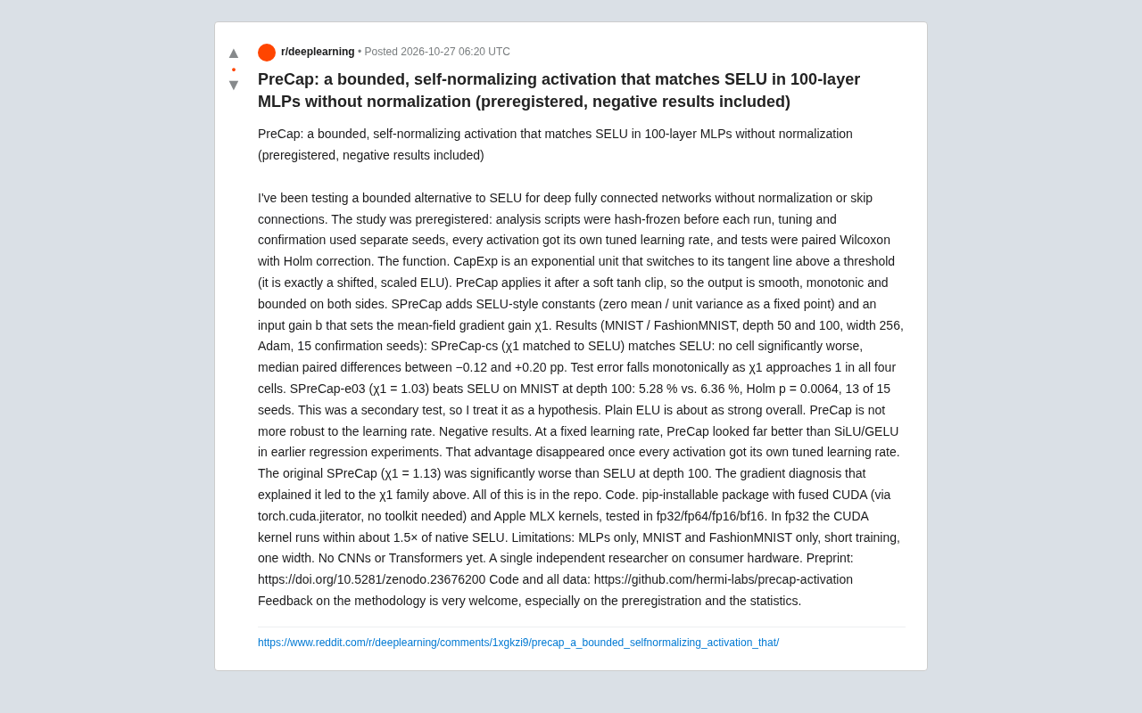 PreCap激活函数:无归一化百层MLP匹敌SELU