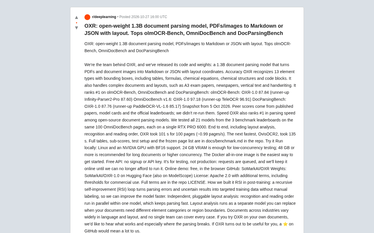 OXR: 1.3B Open-Source Document Parsing Model Tops Three Major Benchmarks