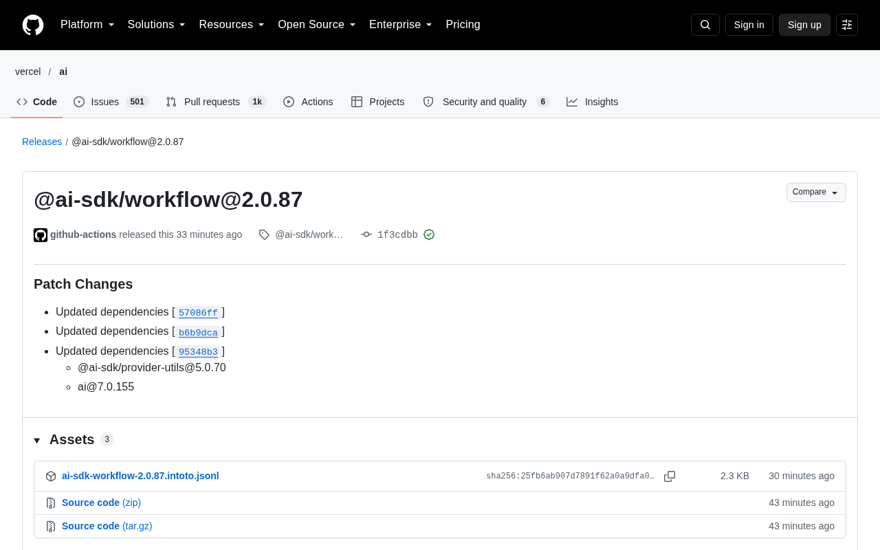 @ai-sdk/workflow 2.0.87 Patch Release: The Version Strategy Behind a Dependency Chain Update