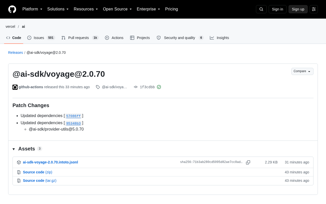 @ai-sdk/voyage 2.0.70 Released: Dependency Update and Version Analysis
