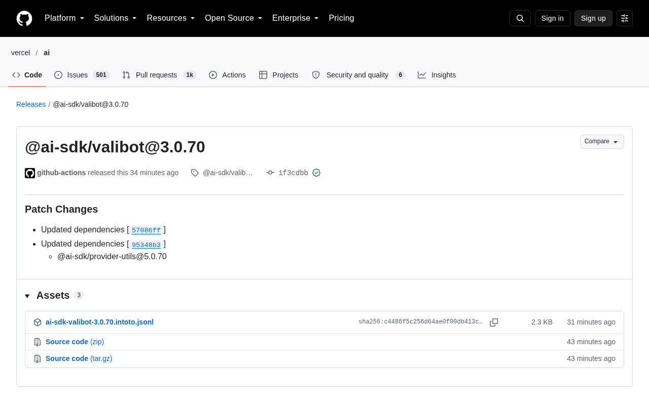 @ai-sdk/valibot 3.0.70 Patch Update: Dependency Upgrades and Ecosystem Signals