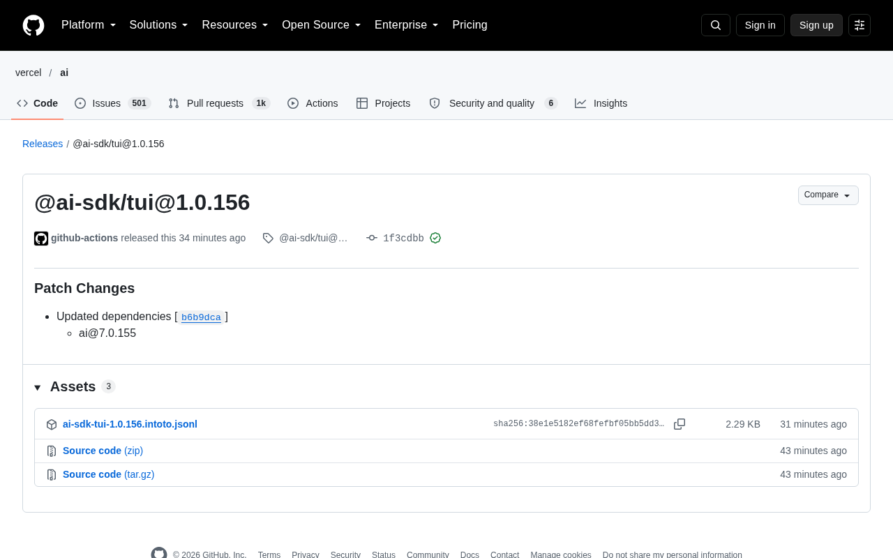@ai-sdk/tui 1.0.156 Released: Dependency Sync and Toolchain Stability