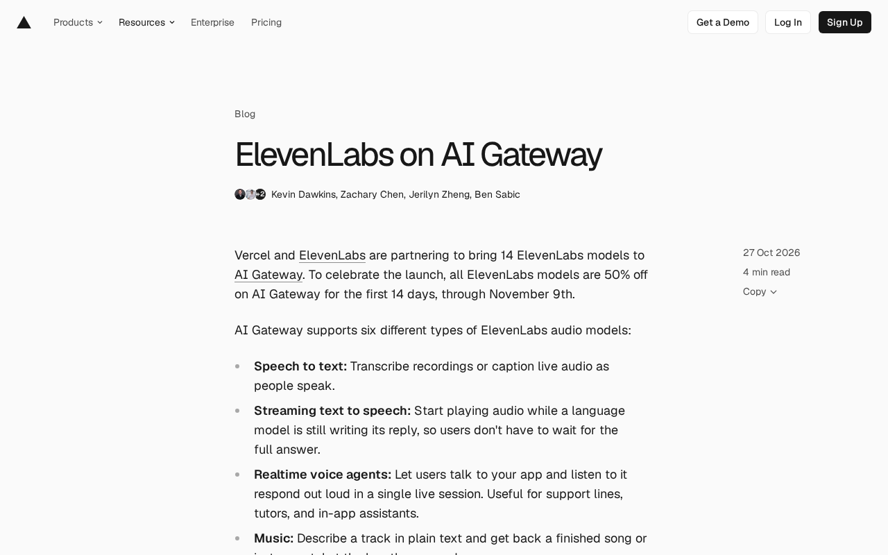 ElevenLabs Lands on Vercel AI Gateway: 14 Voice Models in One Place