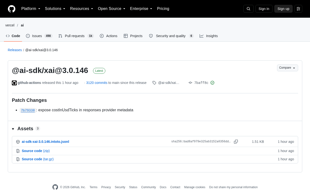 @ai-sdk/xai 3.0.146 Update: Cost Information Enters Response Metadata