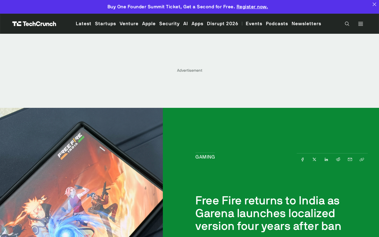 Free Fire重返印度:Garena推本地化版本,四年禁令后回归
