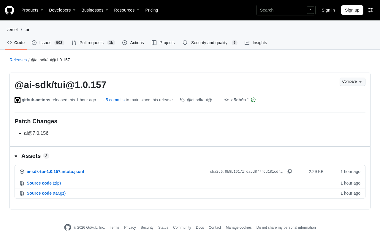 @ai-sdk/tui 1.0.157 Patch Release: Terminal UI Toolchain Synced