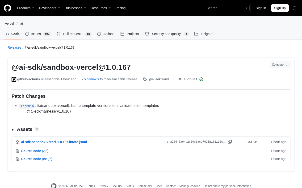 @ai-sdk/sandbox-vercel 1.0.167 Patch Release: Template Version Bump Invalidates Stale Templates