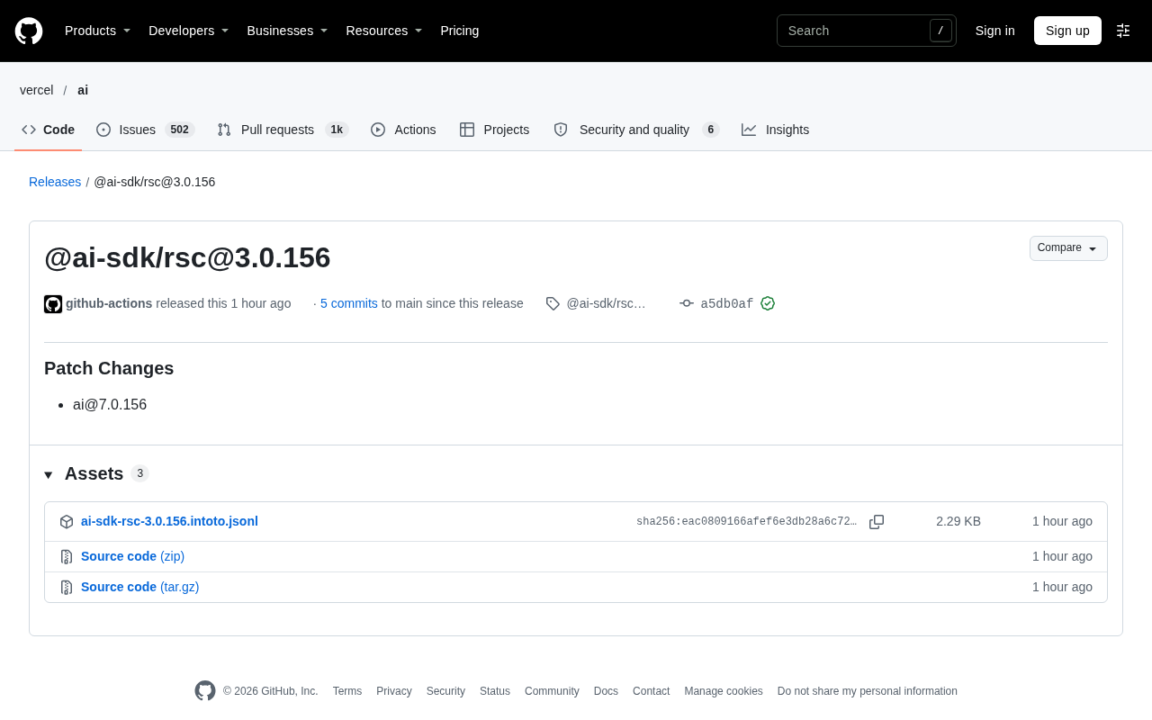 AI SDK RSC 3.0.156 Patch Released: Minor Iteration and Ecosystem Synergy
