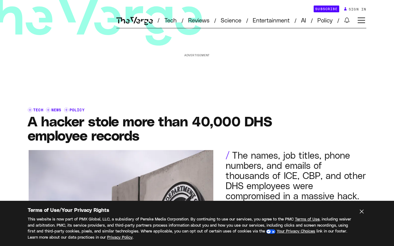 rss source: A hacker stole more than 40,000 DHS employee records