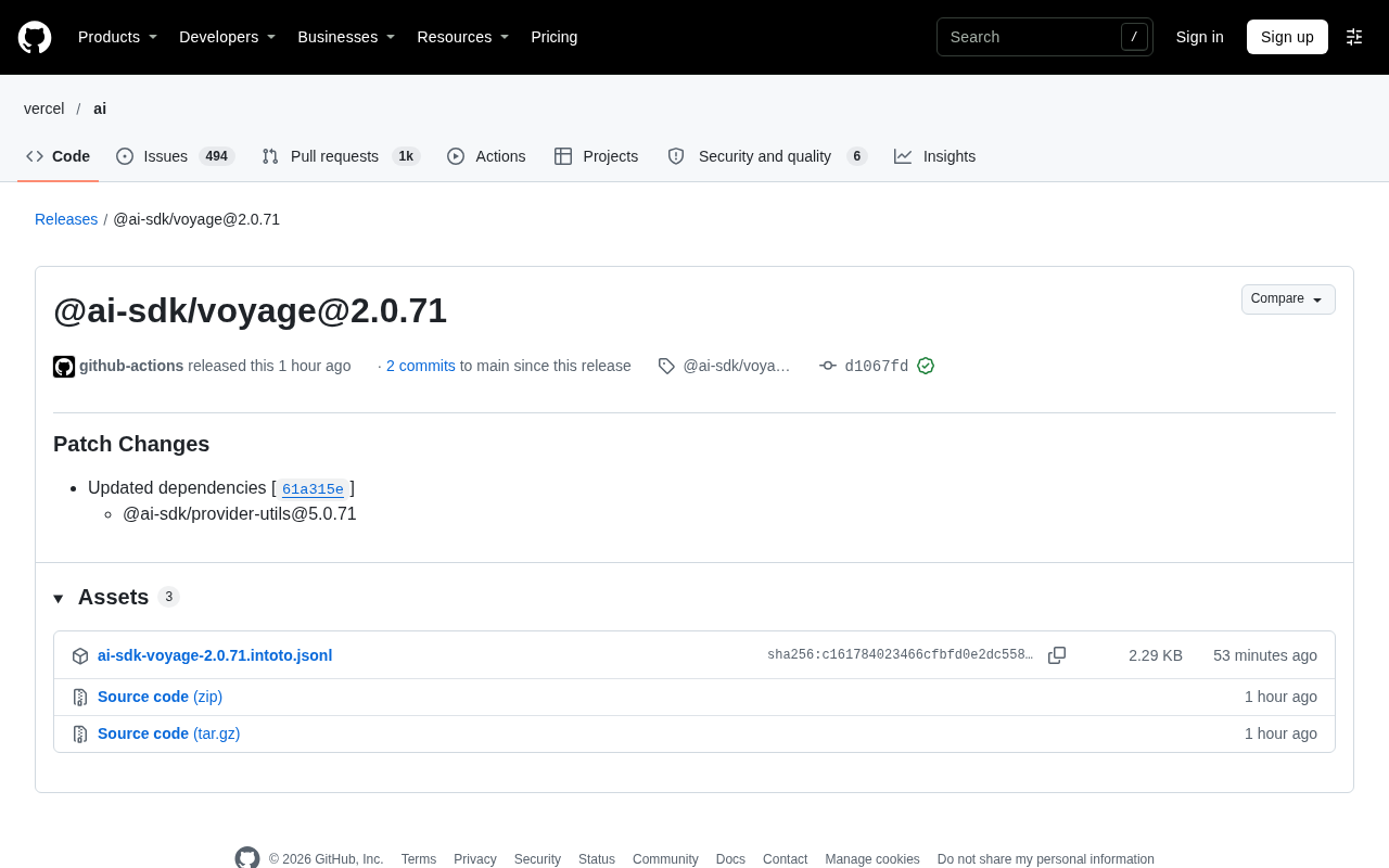 AI SDK Voyage 2.0.71 Patch Released: Dependency Sync Update