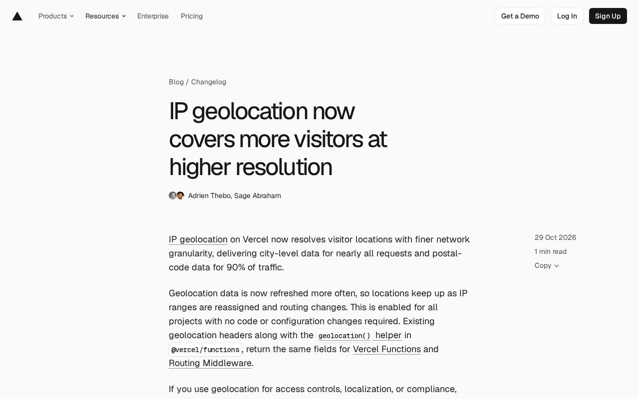 Vercel IP Geolocation Upgrade: Near-Universal City-Level Coverage, 90% Zip-Level Accuracy