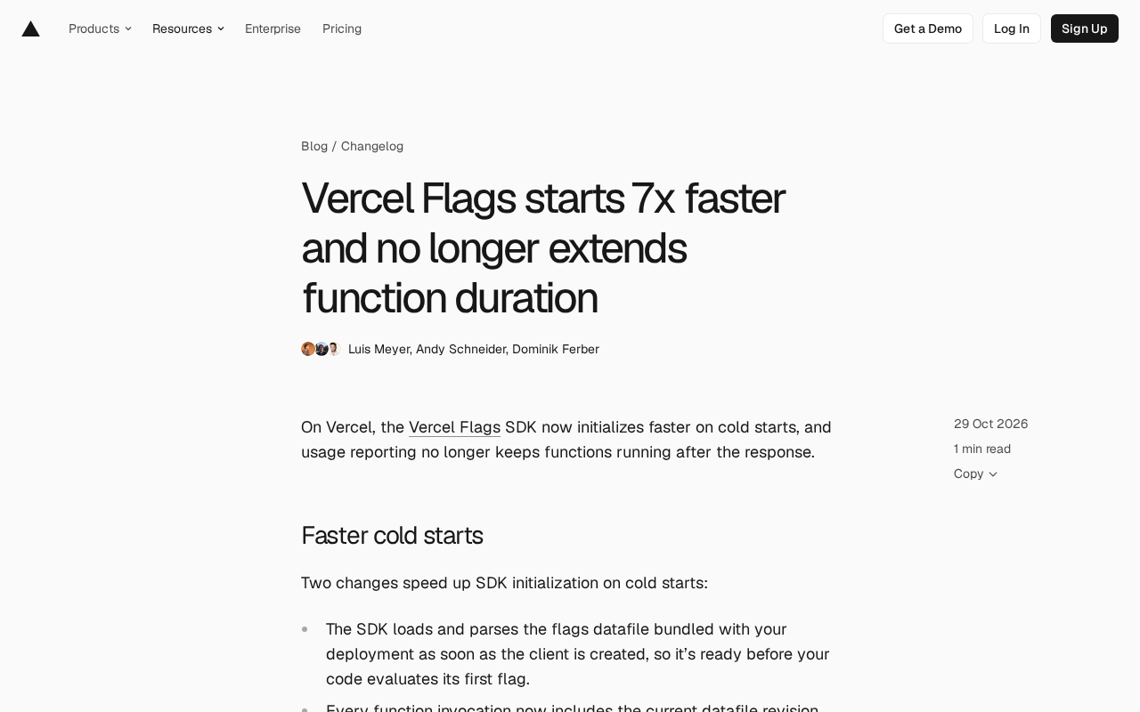 Vercel Flags SDK Cold Start 7x Faster, No Longer Extends Function Duration