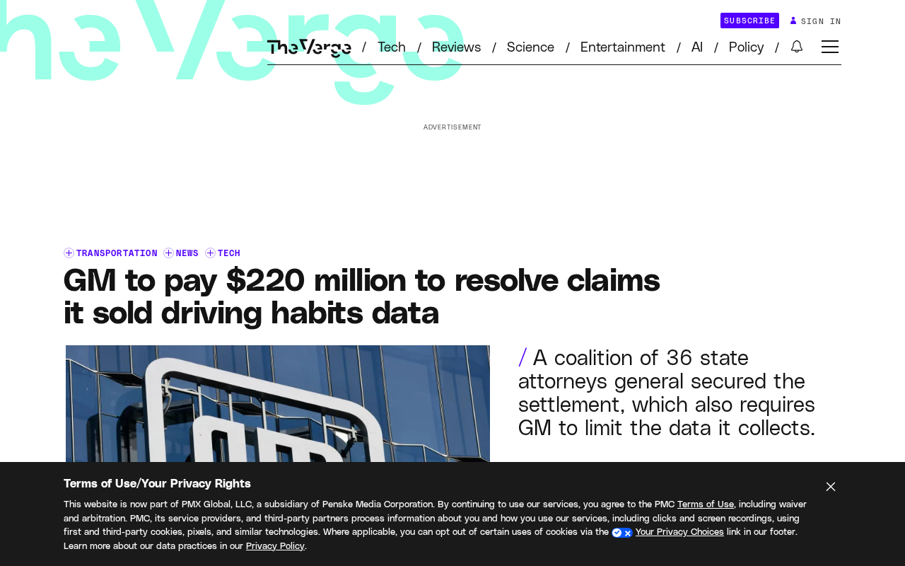 Screenshot of news source on GM's $220 million settlement