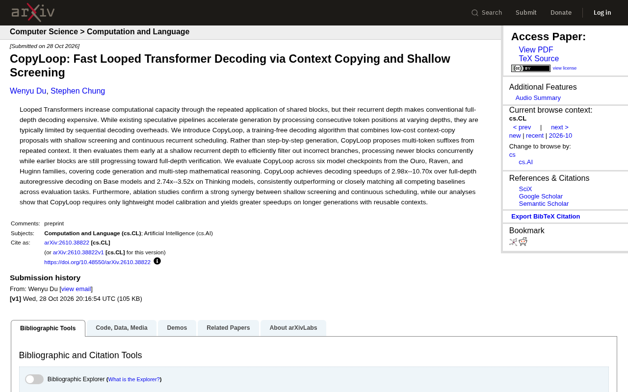 CopyLoop: A Training-Free Decoding Acceleration Method for Looped Transformers