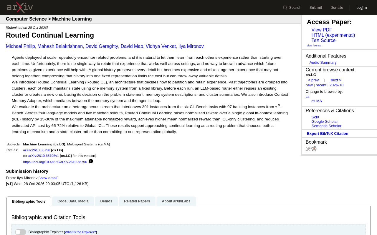 Routed Continual Learning: Letting AI Agents Call Up Memories on Demand