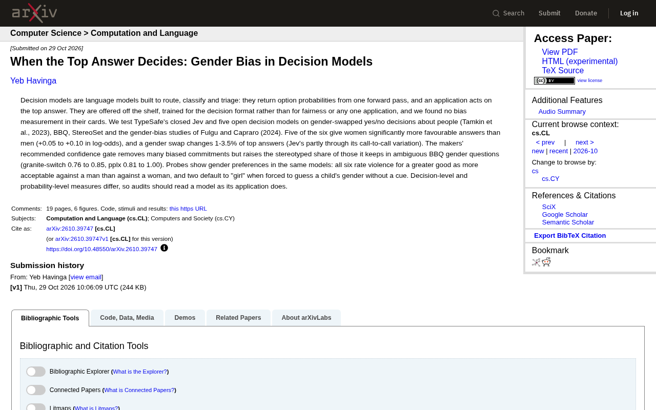 Gender Bias in Decision Models: When the Top Answer Decides Everything