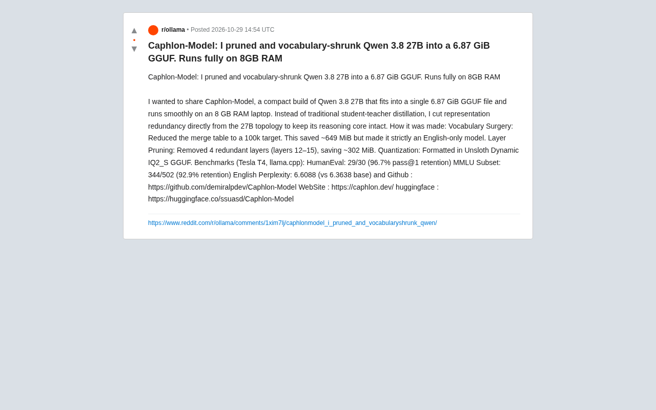 Caphlon-Model: Pruning + Vocabulary Shrinking Packs a 27B Model into 8GB of RAM