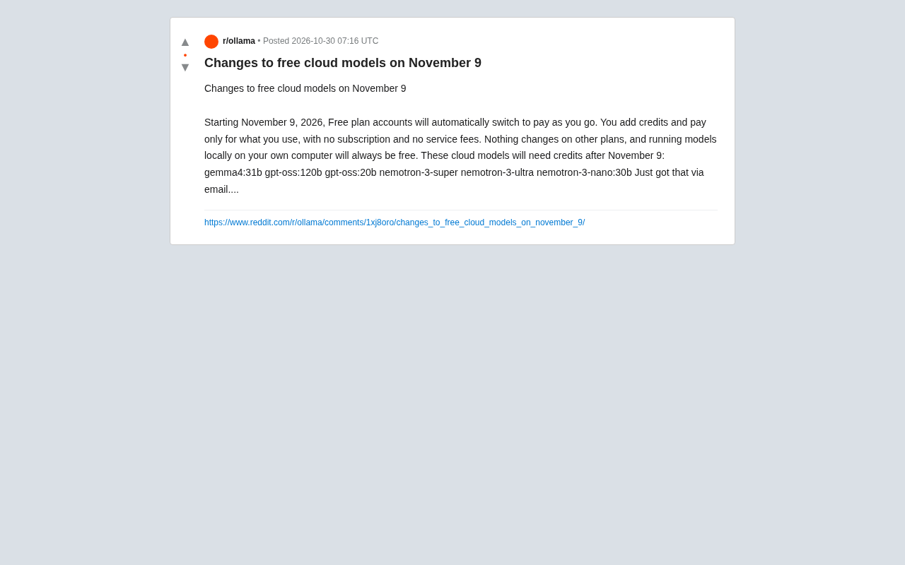 Reddit source screenshot: November 9 free cloud model change notice