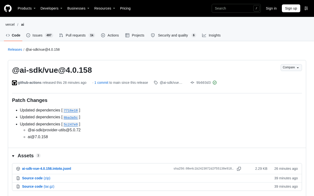 @ai-sdk/vue 4.0.158 补丁发布:依赖同步更新