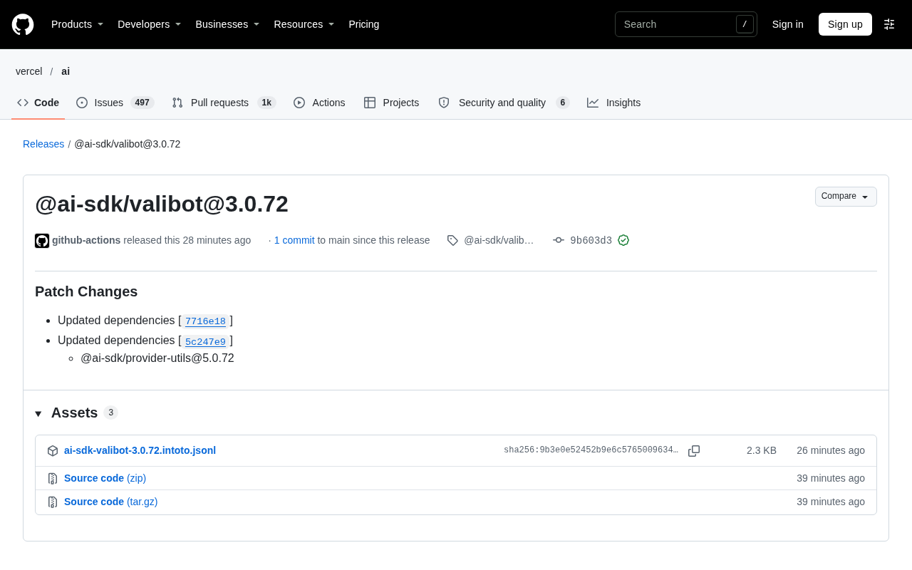 @ai-sdk/valibot 3.0.72 Patch Released: Dependency Updates