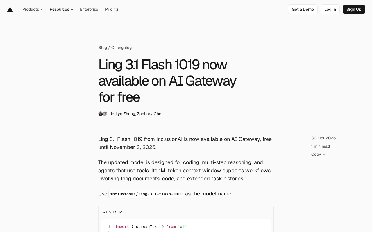 Ling 3.1 Flash 1019 Launches Free on AI Gateway