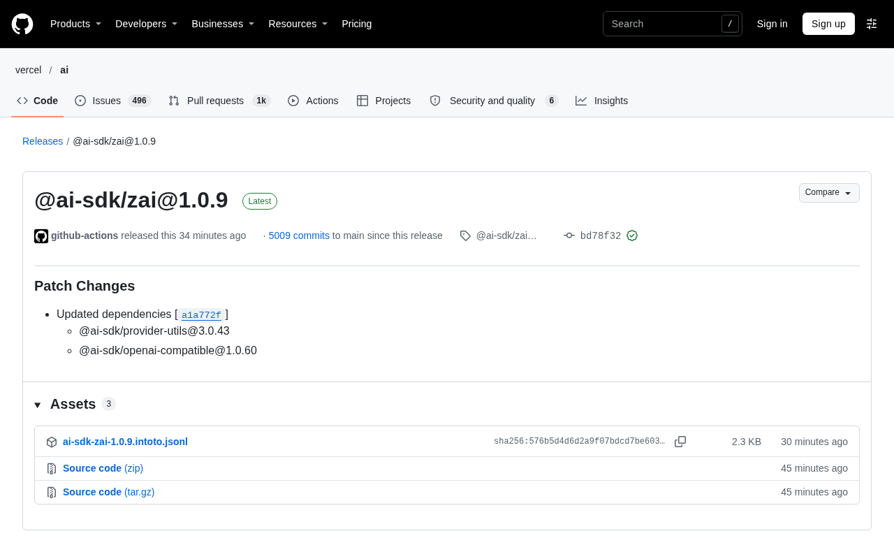 AI SDK 发布 @ai-sdk/zai 1.0.9 补丁更新
