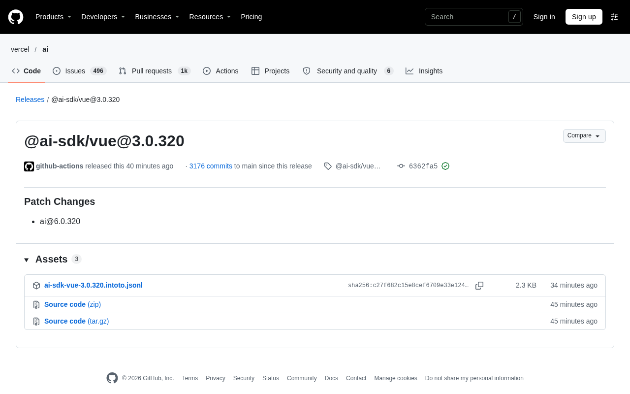 AI SDK Vue 3.0.320补丁发布,ai 6.0.320同步更新