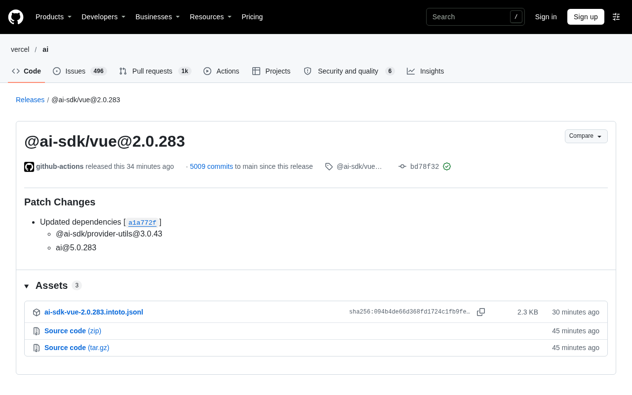 AI SDK Vue 2.0.283 补丁发布:依赖链更新解析