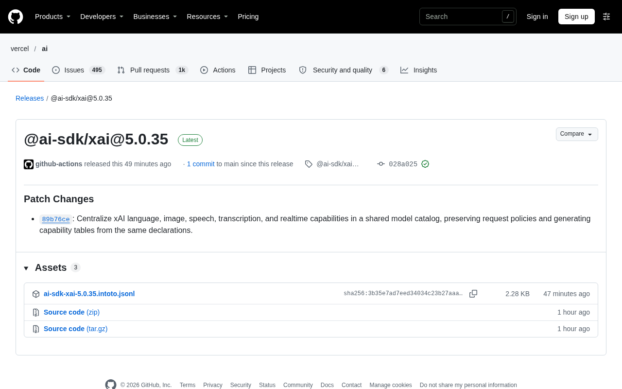 AI SDK xAI 5.0.35 更新:统一模型目录管理