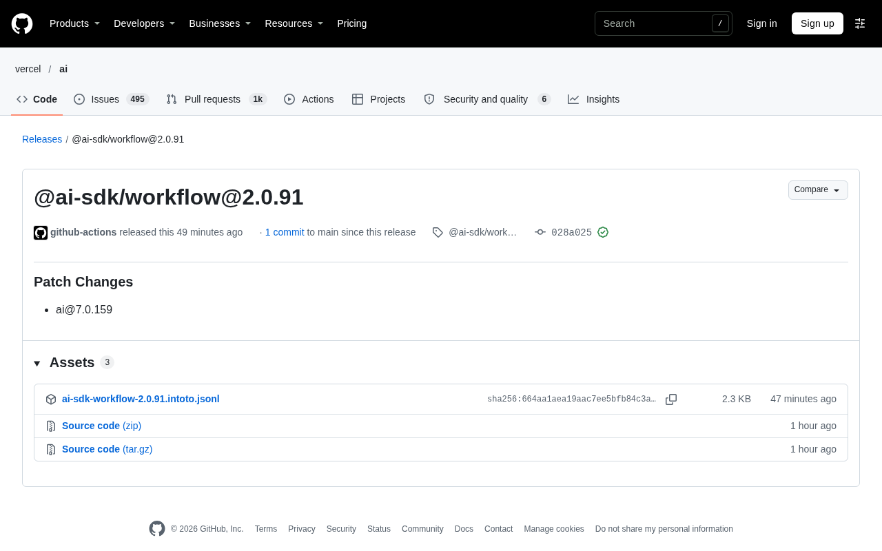 @ai-sdk/workflow 2.0.91 补丁发布:ai 依赖同步更新
