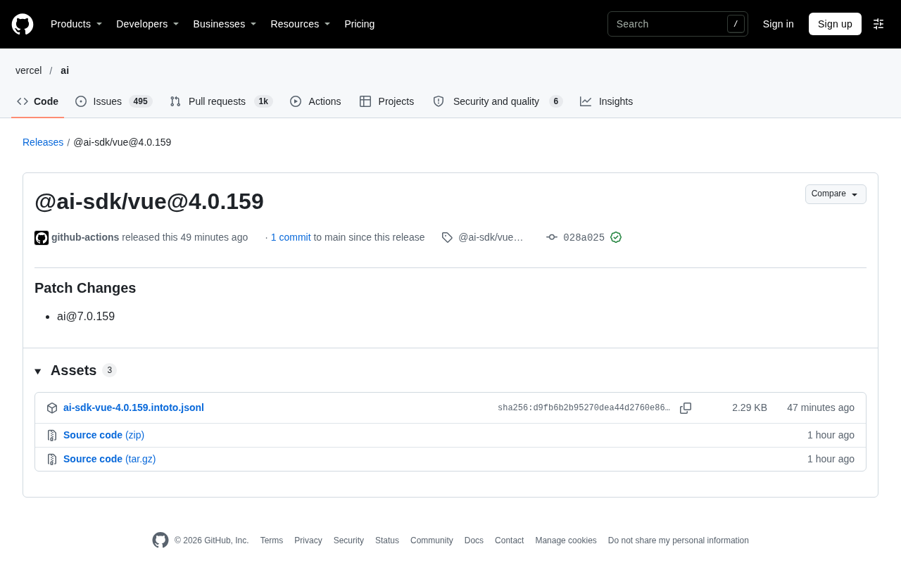 AI SDK Vue 补丁版本更新,同步 ai 核心包