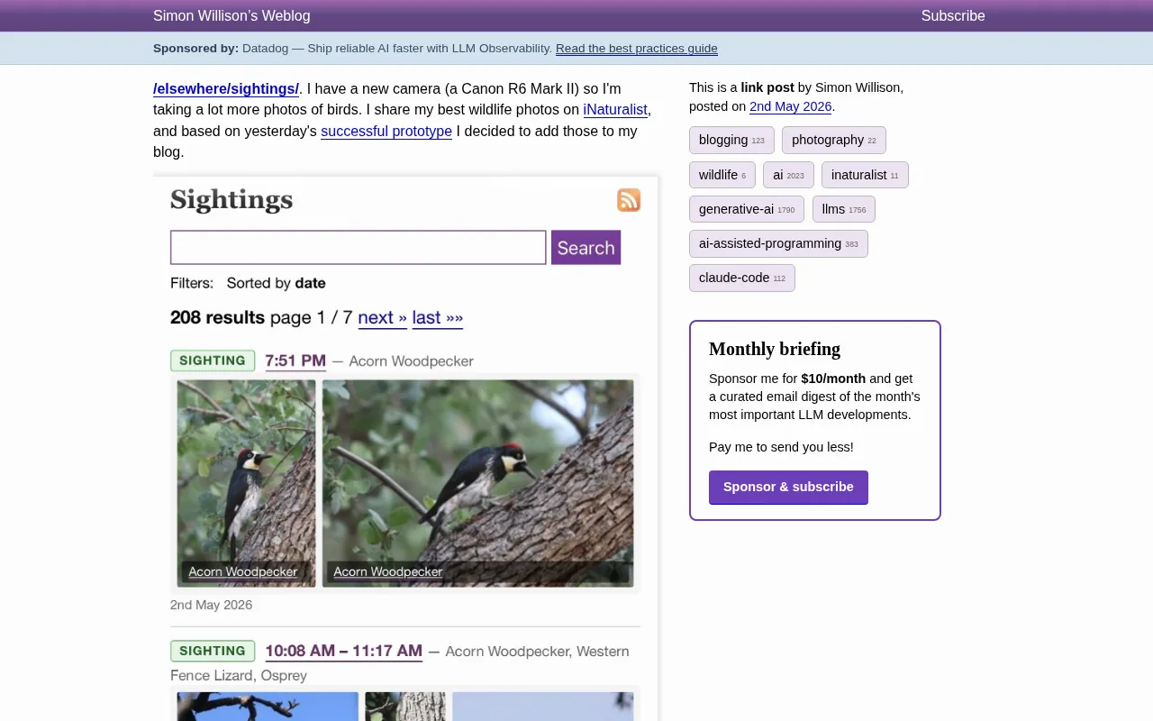 Simon Willison Uses Claude Code on His Phone to Add Wildlife Sighting Features to His Blog