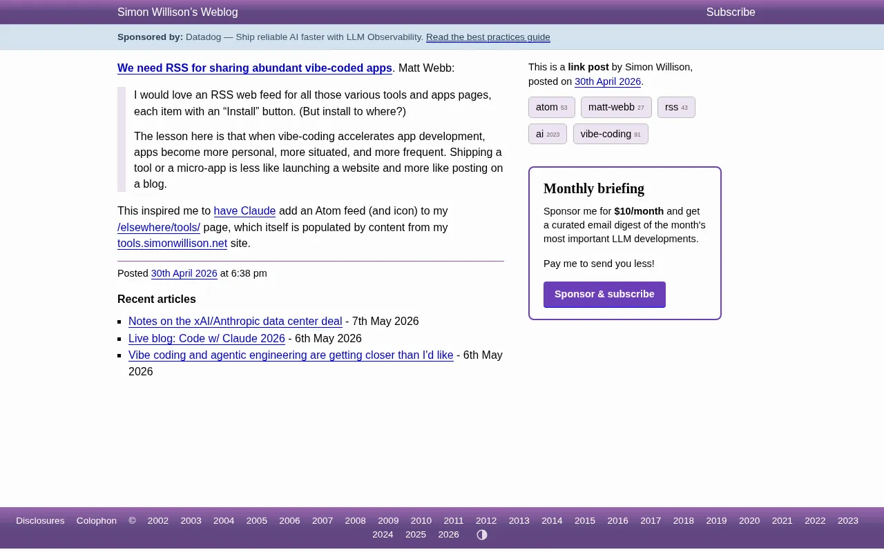 In the Vibe Coding Era, Why We Need RSS to Share Personal Apps