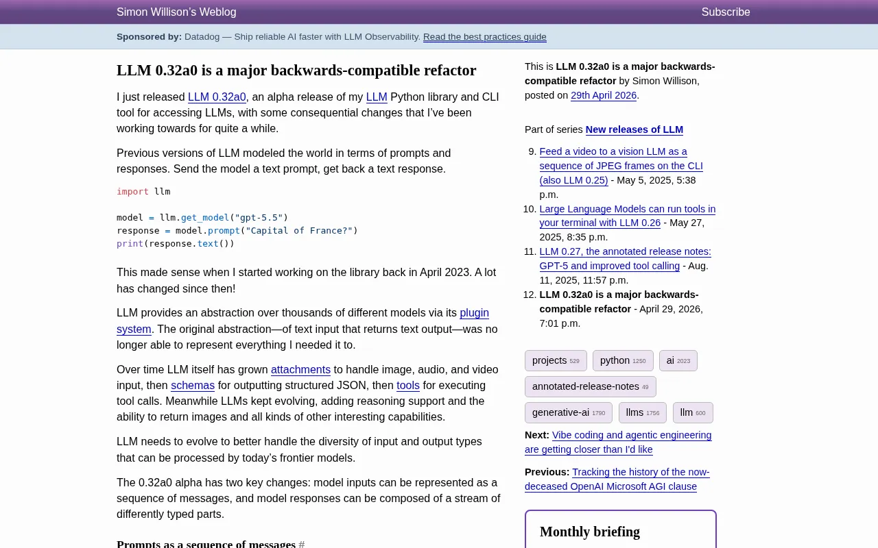 LLM 0.32 Refactoring Deep Dive: Message Sequence Input and Typed Streaming Response Design